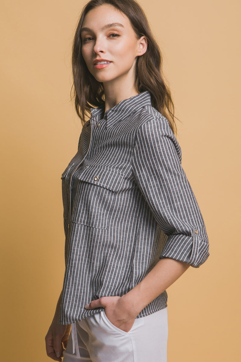 Classic and Timeless Stripe Linen Button Up - Black