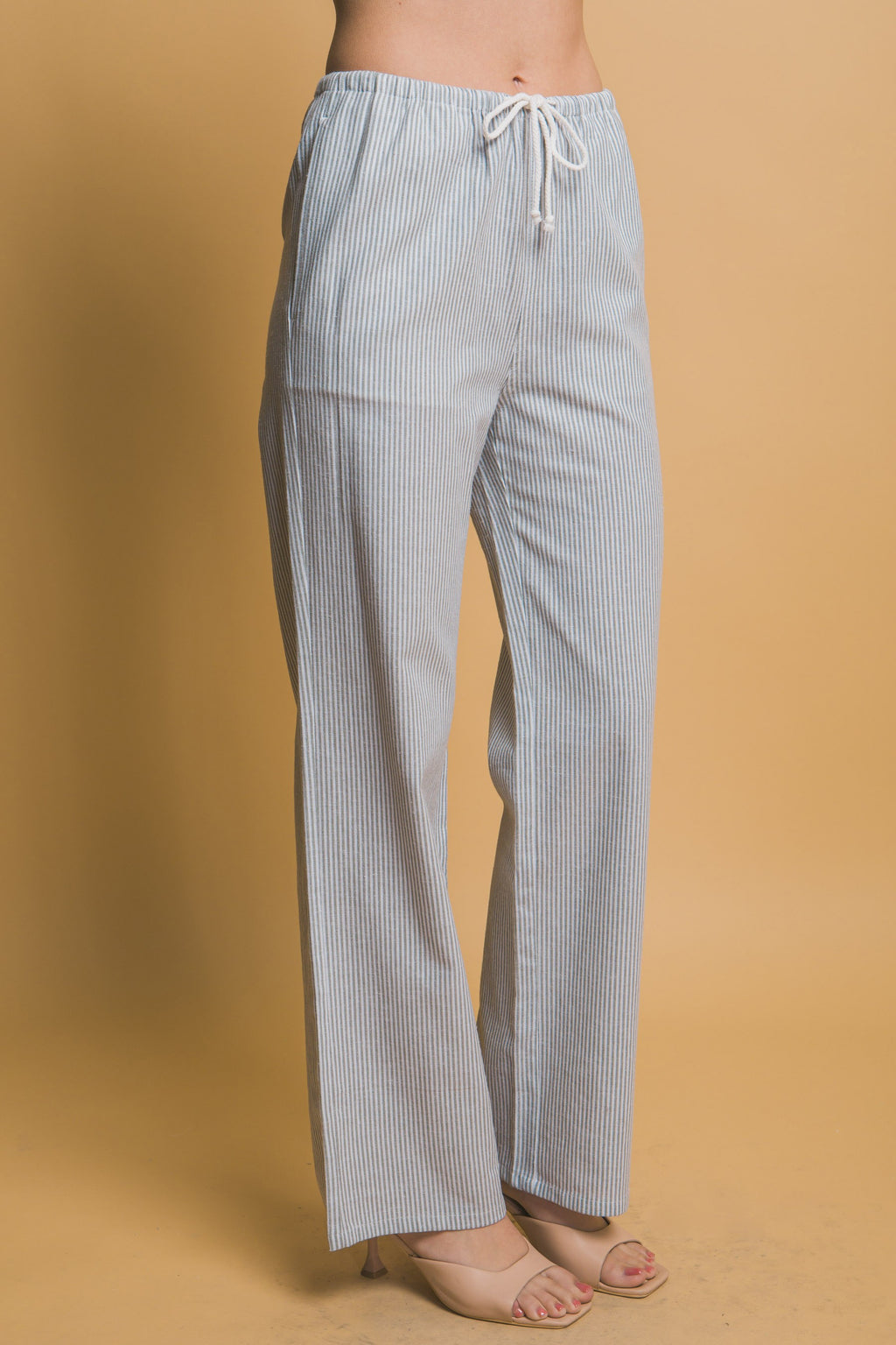 Lover in Linen Drawstring Waist Stripe Pant - Sage