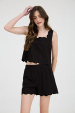 Wavy Way Scallop Trim Sleeveless Top- Black