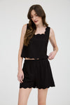 Wavy Way Scallop Trim Sleeveless Top- Black