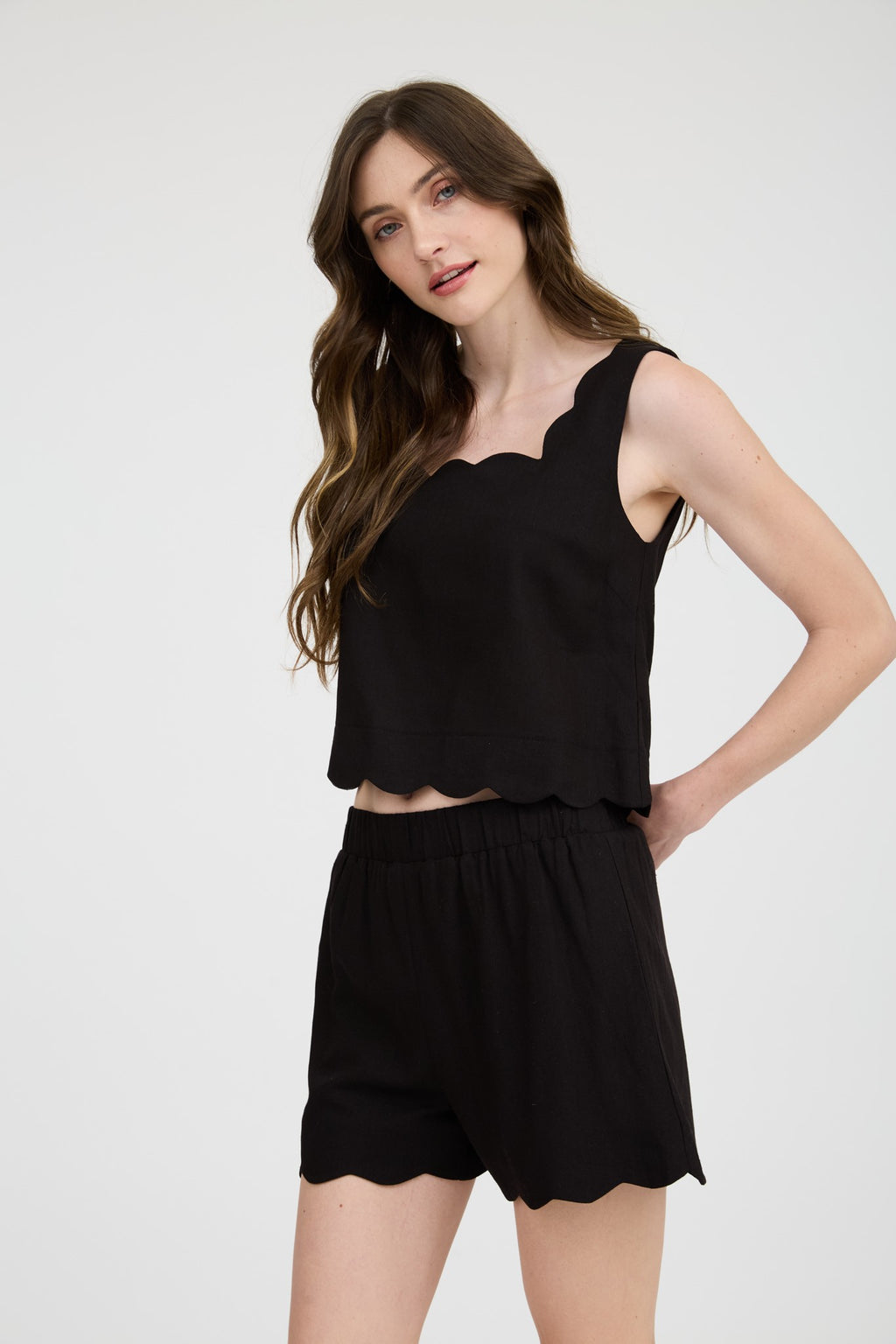 Wavy Way Scallop Trim Sleeveless Top- Black