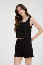 Wavy Way Scallop Trim Sleeveless Top- Black