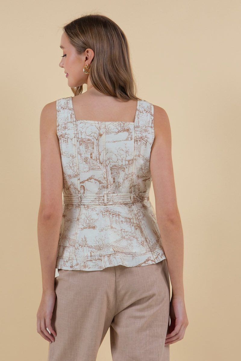 Lala Land Toile Print Sleeveless Peplum Top - Brown/Cream