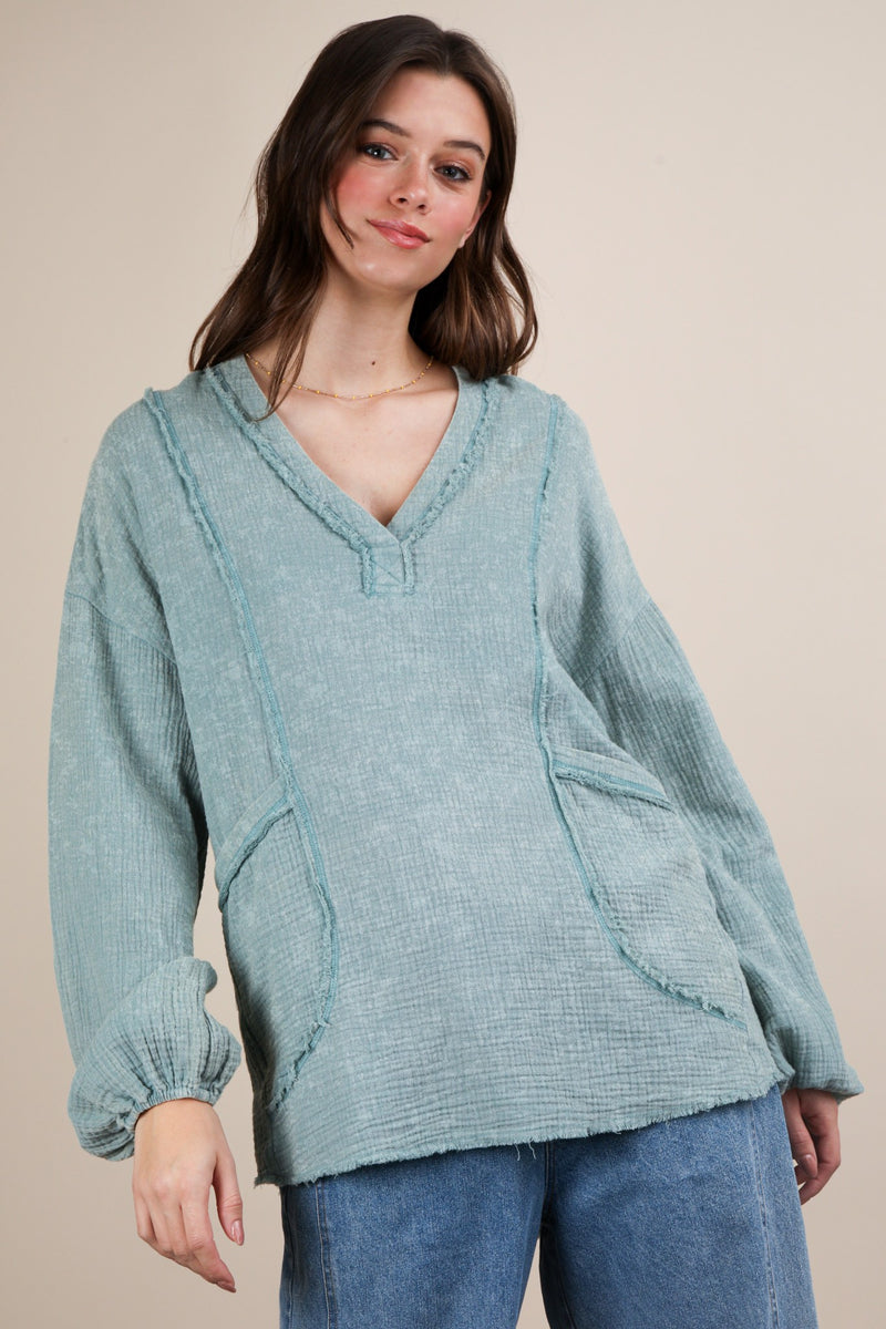 Keep It Coastal V-Neck Oversized Long Sleeve Muslin Top - Sage