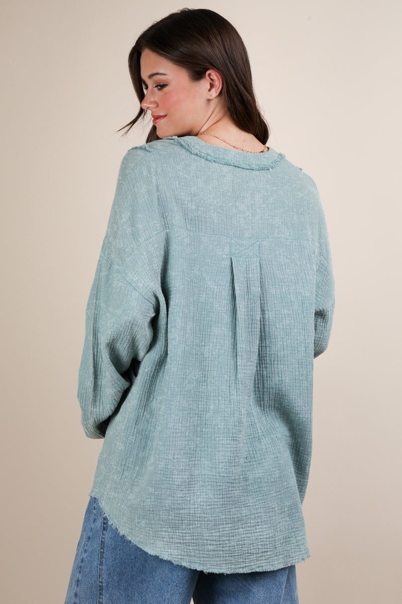 Keep It Coastal V-Neck Oversized Long Sleeve Muslin Top - Sage