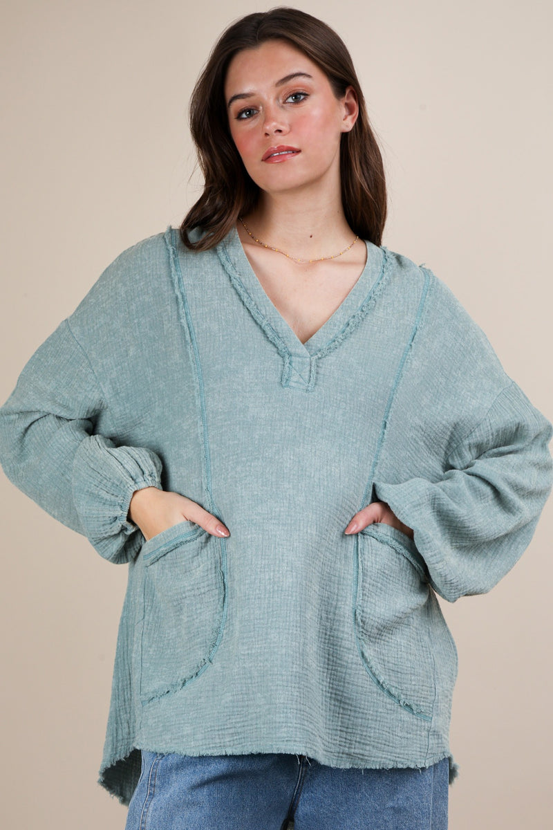 Keep It Coastal V-Neck Oversized Long Sleeve Muslin Top - Sage