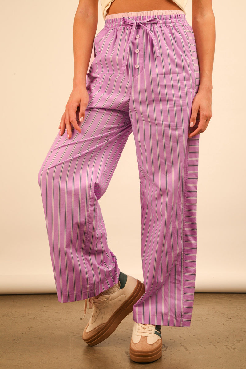 Cozy Does It Elastic Waist Drawstring Stripe Pants - Lavender