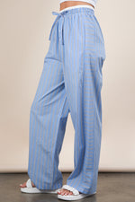 Cozy Does It Elastic Waist Drawstring Stripe Pants - Powder Blue