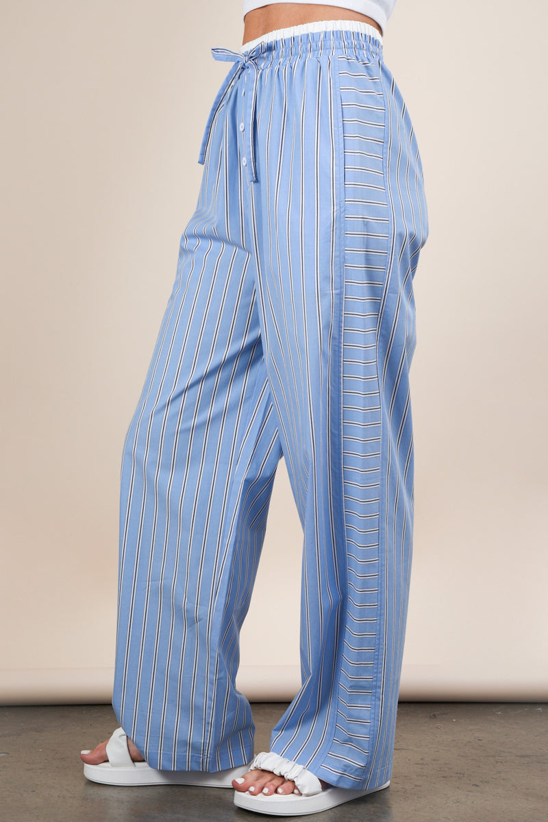 Cozy Does It Elastic Waist Drawstring Stripe Pants - Powder Blue