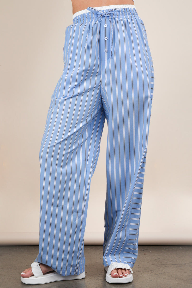 Cozy Does It Elastic Waist Drawstring Stripe Pants - Powder Blue
