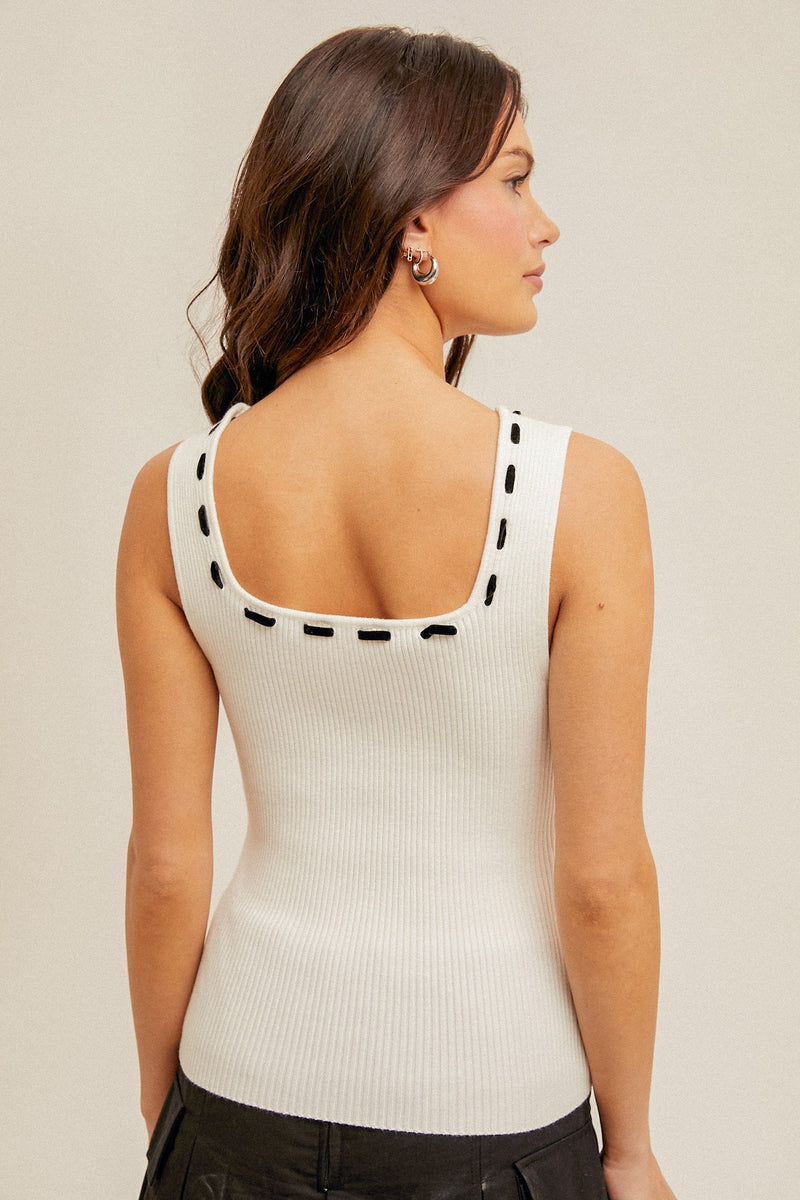 Prim and Polished Knit Tank w/ Ribbon Detail- White/Black