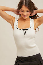 Prim and Polished Knit Tank w/ Ribbon Detail- White/Black