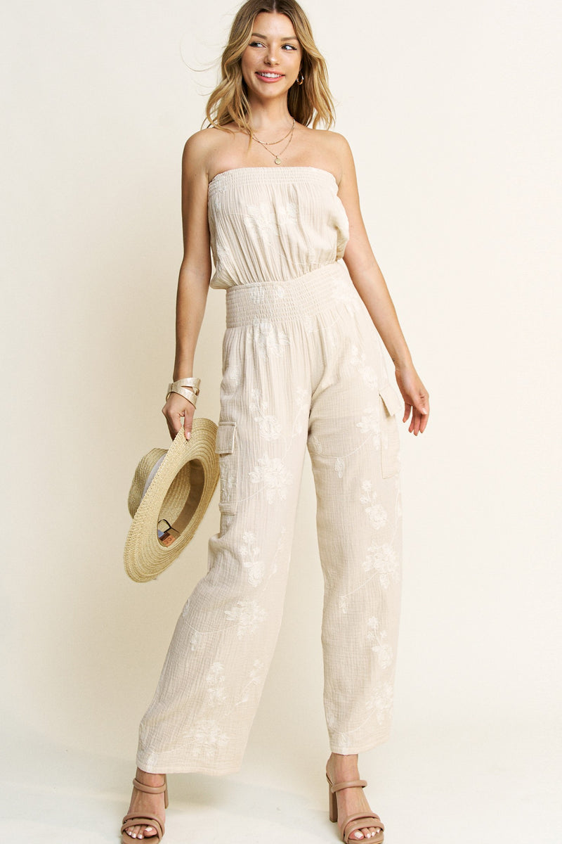 Amalfi Coast Embroidered Detail Muslin Strapless Jumpsuit- Cream