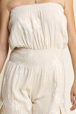 Amalfi Coast Embroidered Detail Muslin Strapless Jumpsuit- Cream