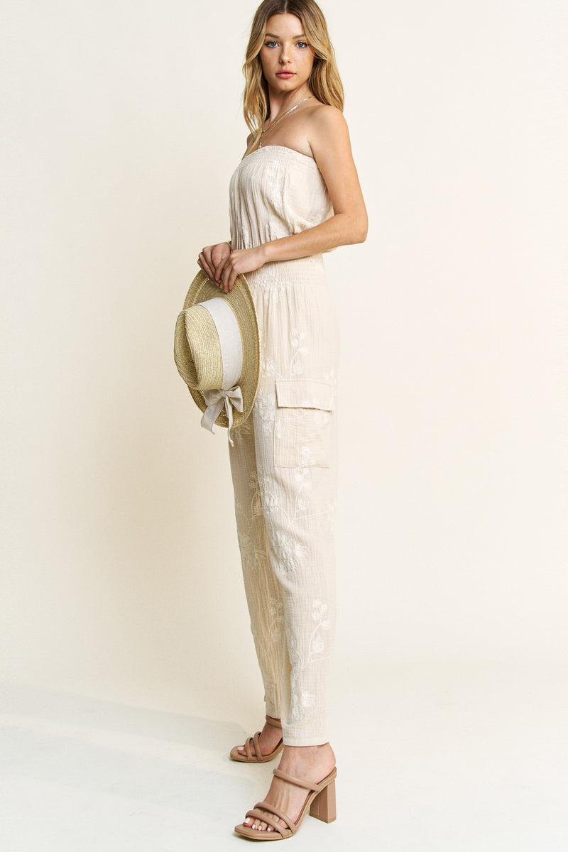 Amalfi Coast Embroidered Detail Muslin Strapless Jumpsuit- Cream