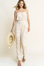 Amalfi Coast Embroidered Detail Muslin Strapless Jumpsuit- Cream