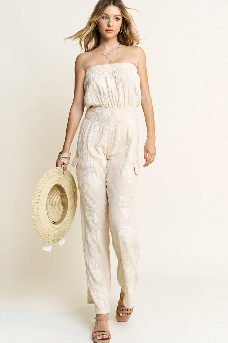 Amalfi Coast Embroidered Detail Muslin Strapless Jumpsuit- Cream