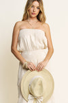 Amalfi Coast Embroidered Detail Muslin Strapless Jumpsuit- Cream