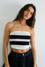 Cool Girl Crush Scalloped Edge Stripe Tube Top - Black/Ivory