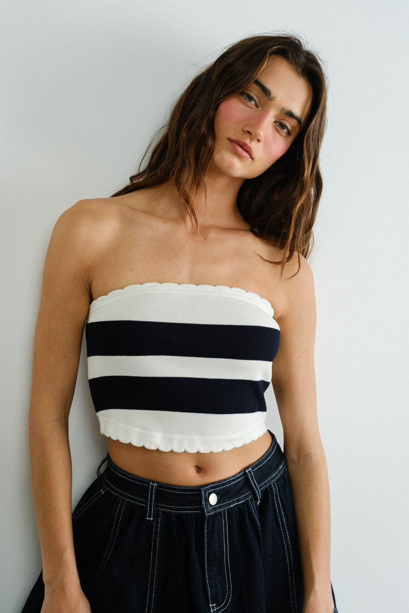Cool Girl Crush Scalloped Edge Stripe Tube Top - Black/Ivory