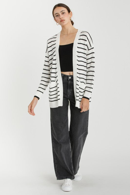 Moment In Time Open Stripe Cardigan- Black/Ivory
