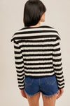 Elora Collar Detail Stripe Knit Button Top- Black/White