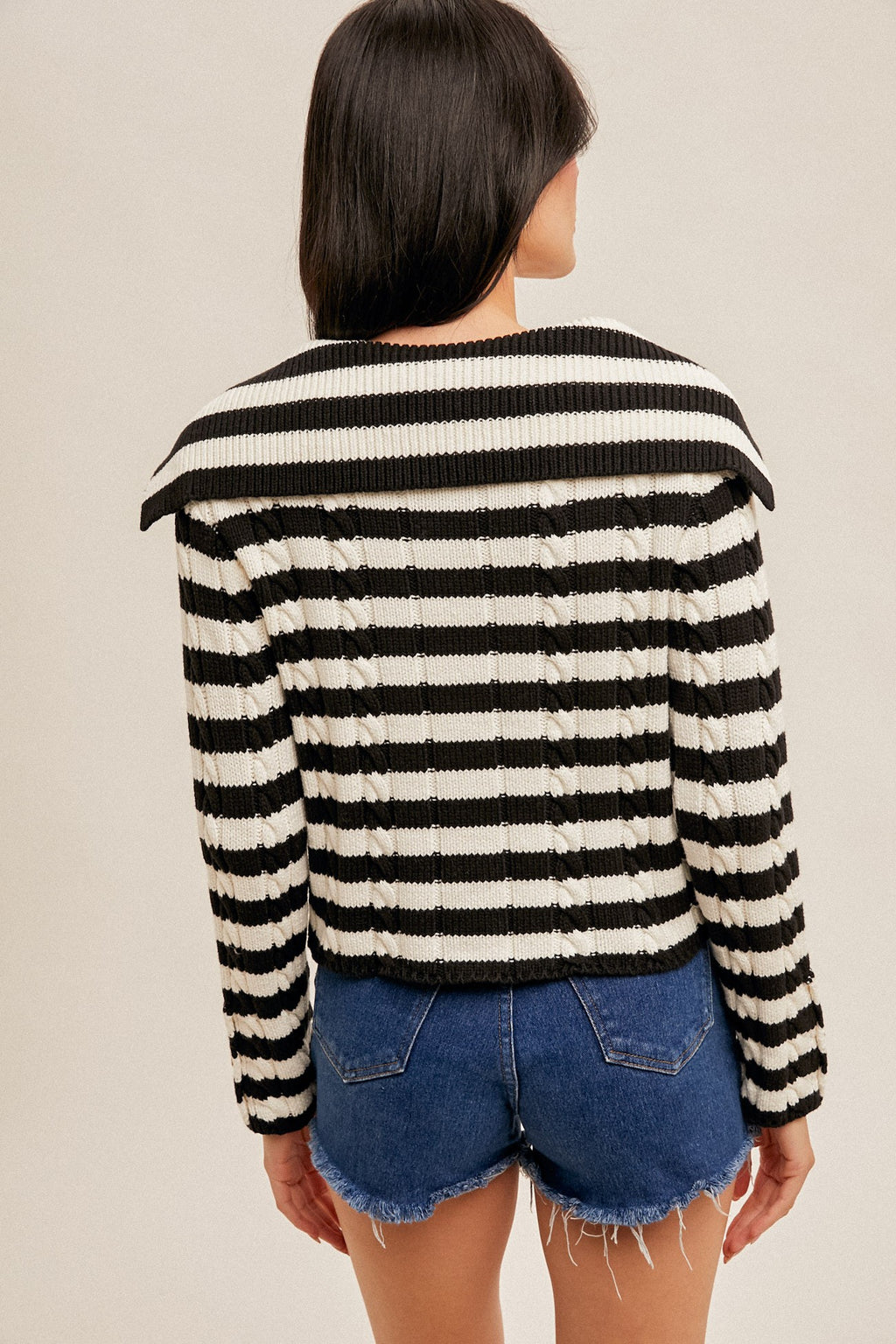 Elora Collar Detail Stripe Knit Button Top- Black/White