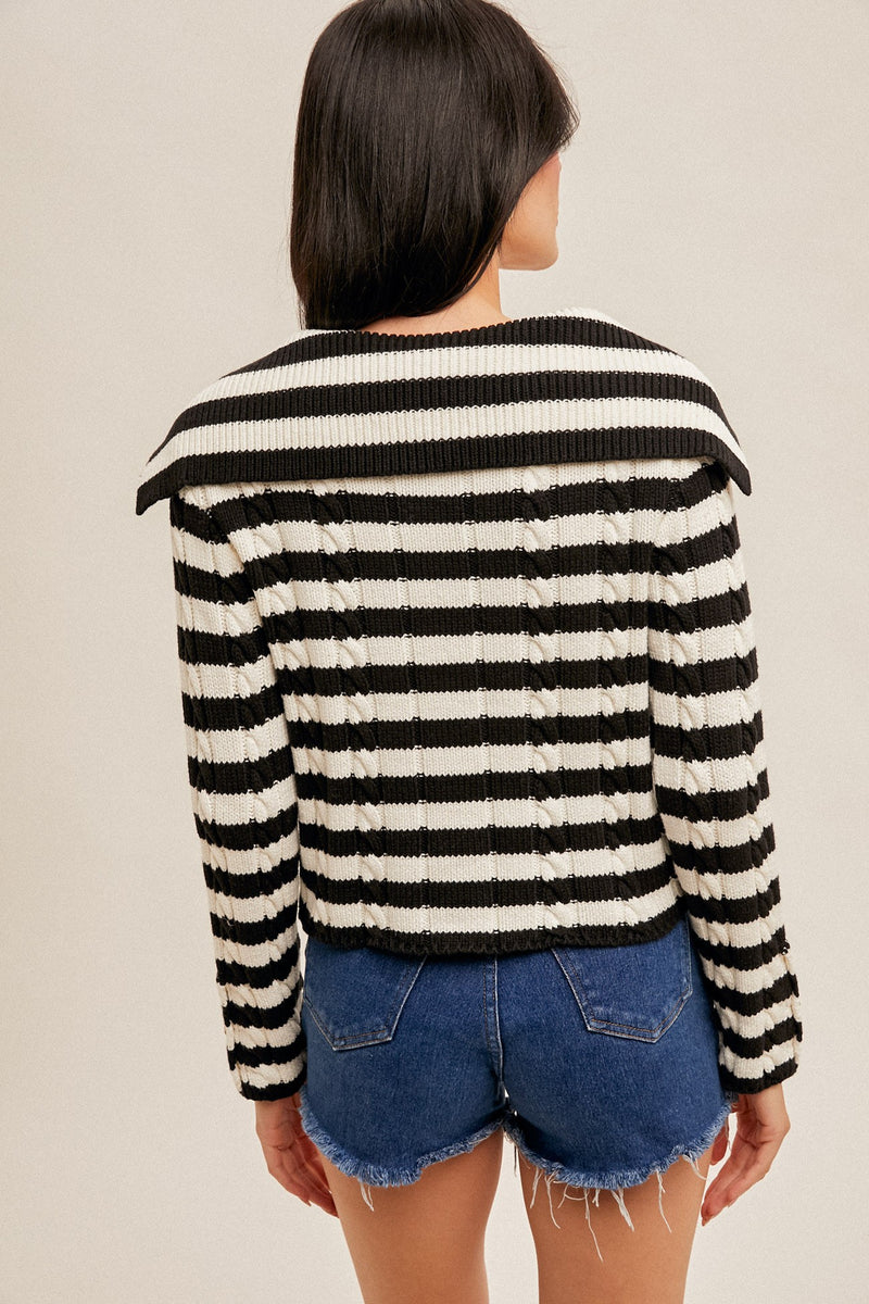 Elora Collar Detail Stripe Knit Button Top- Black/White