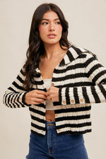 Elora Collar Detail Stripe Knit Button Top- Black/White