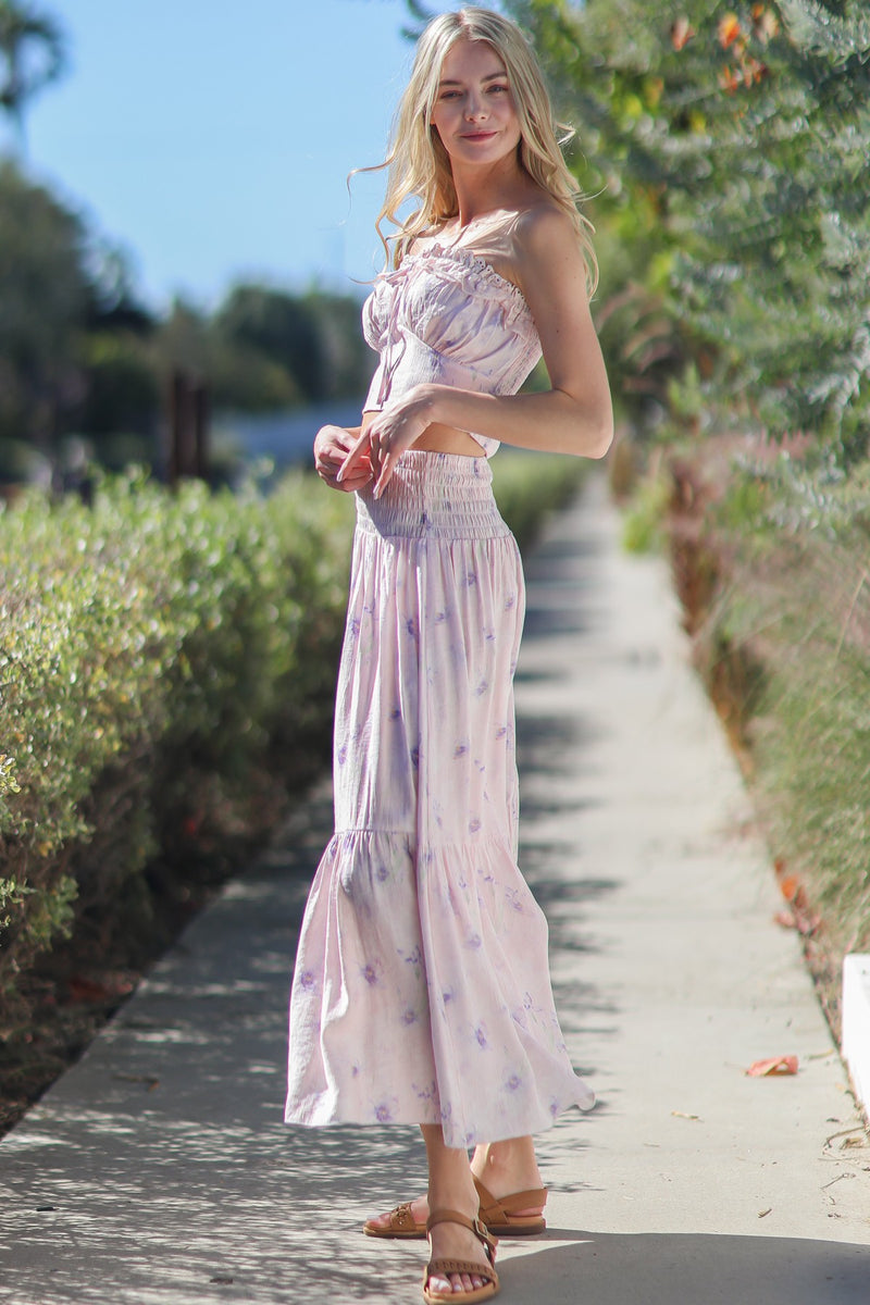 Valencia Lace Trim Tub Top Tiered Skirt Floral Set- Blush/Multi