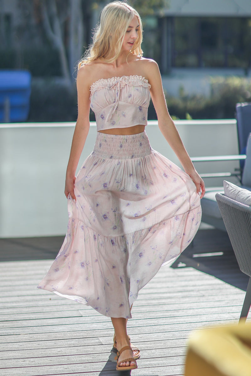 Valencia Lace Trim Tub Top Tiered Skirt Floral Set- Blush/Multi