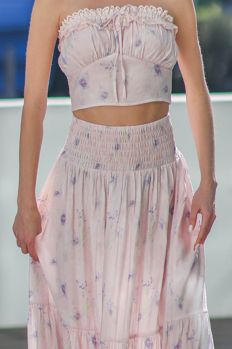 Valencia Lace Trim Tub Top Tiered Skirt Floral Set- Blush/Multi