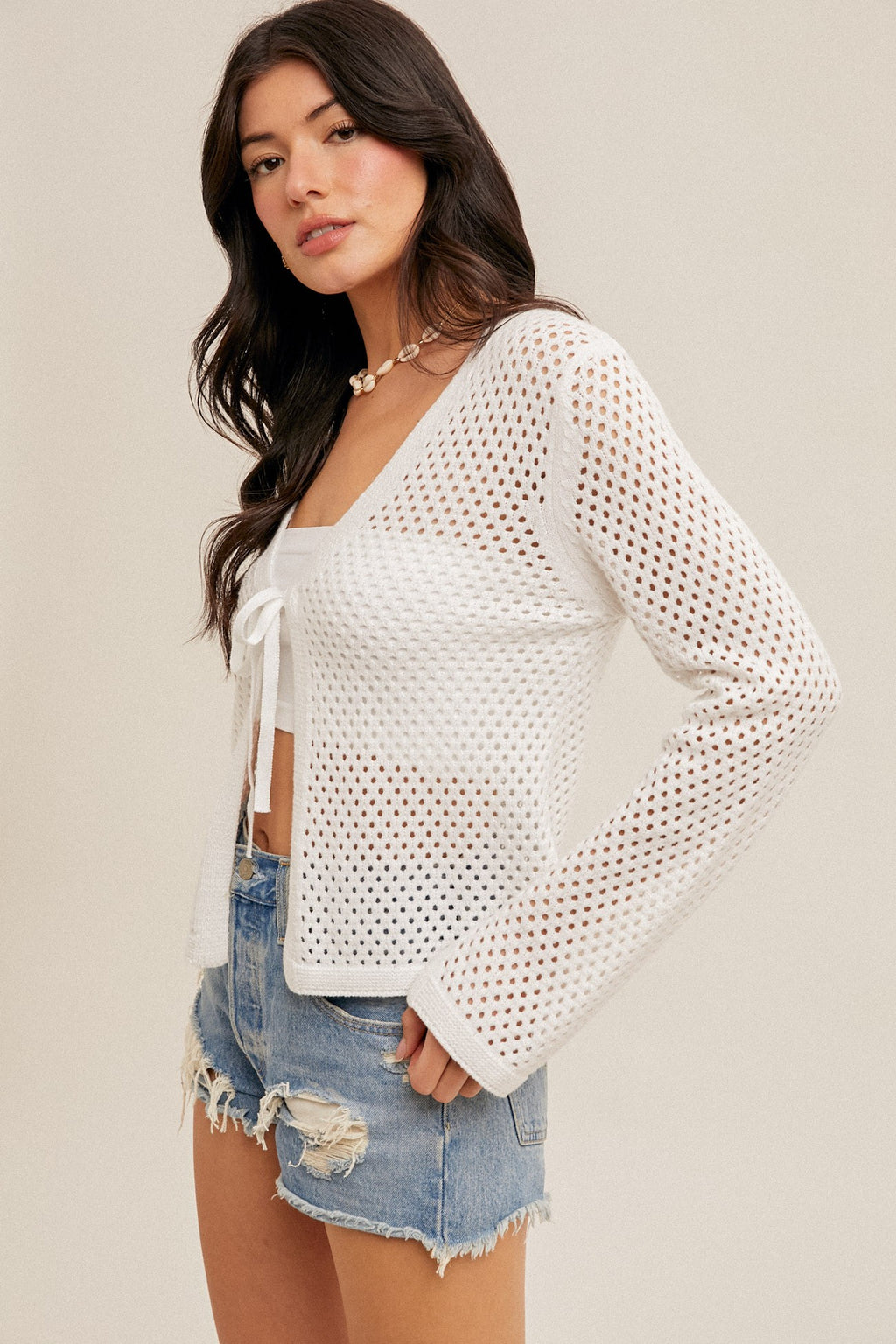 Odessa Front Tie Knit Cardigan- White