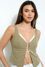 Coastline Clover Peakaboo Lace Up Top- Olive