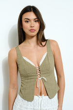 Coastline Clover Peakaboo Lace Up Top- Olive