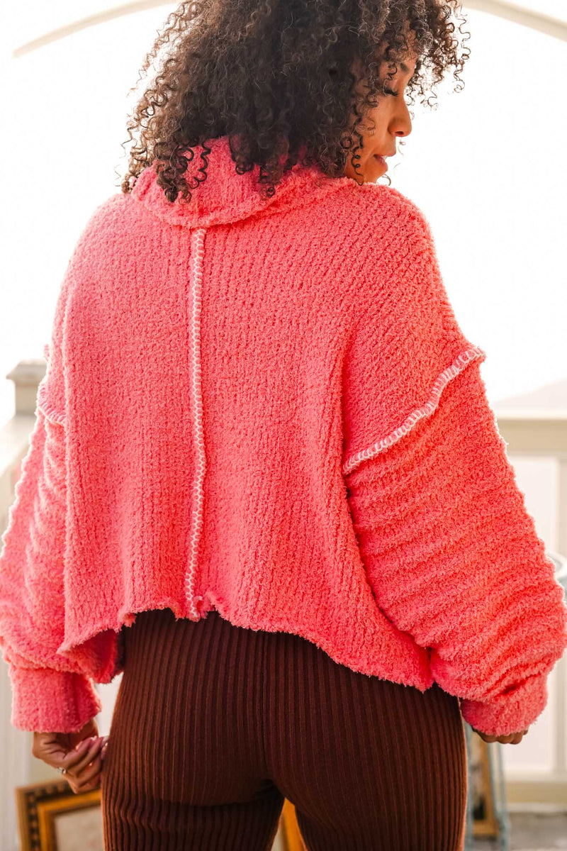 Misty Meadows Cozy Cropped Turtleneck Sweater W/ Floral- Coral