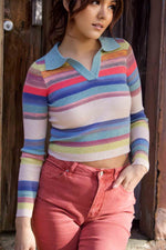 Shifting Seasons Cropped Striped Sweater W/ Collar Neckline - Sage/Multi