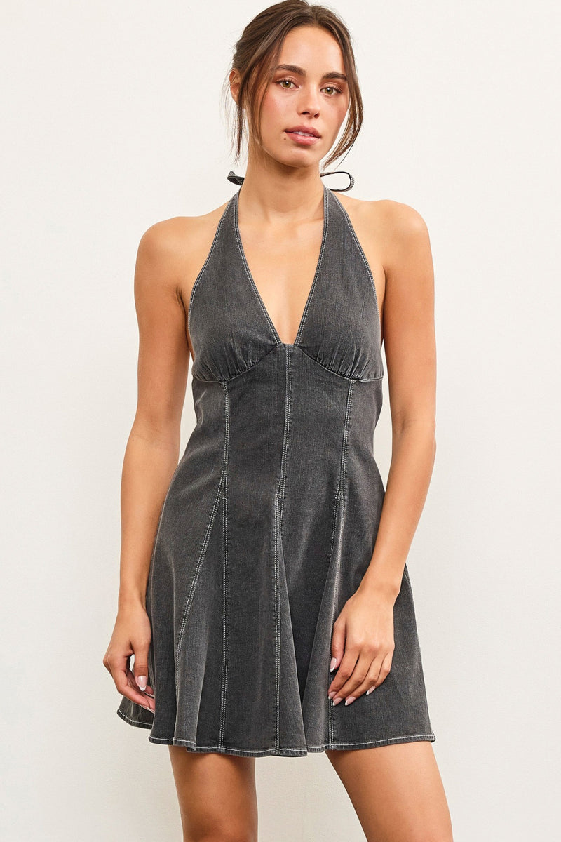 Day-Trip Darling Halter Denim Mini Dress - Black
