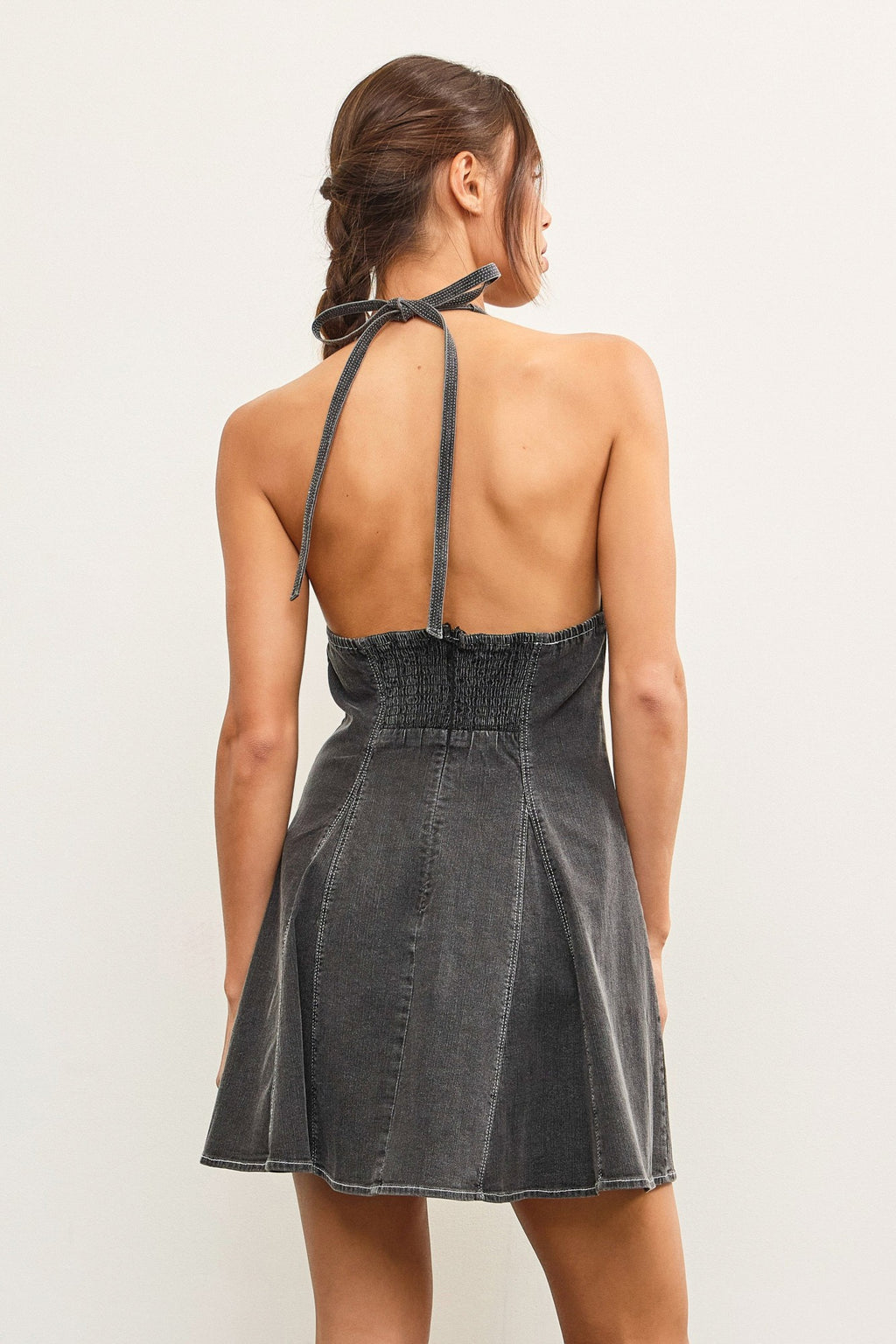 Day-Trip Darling Halter Denim Mini Dress - Black