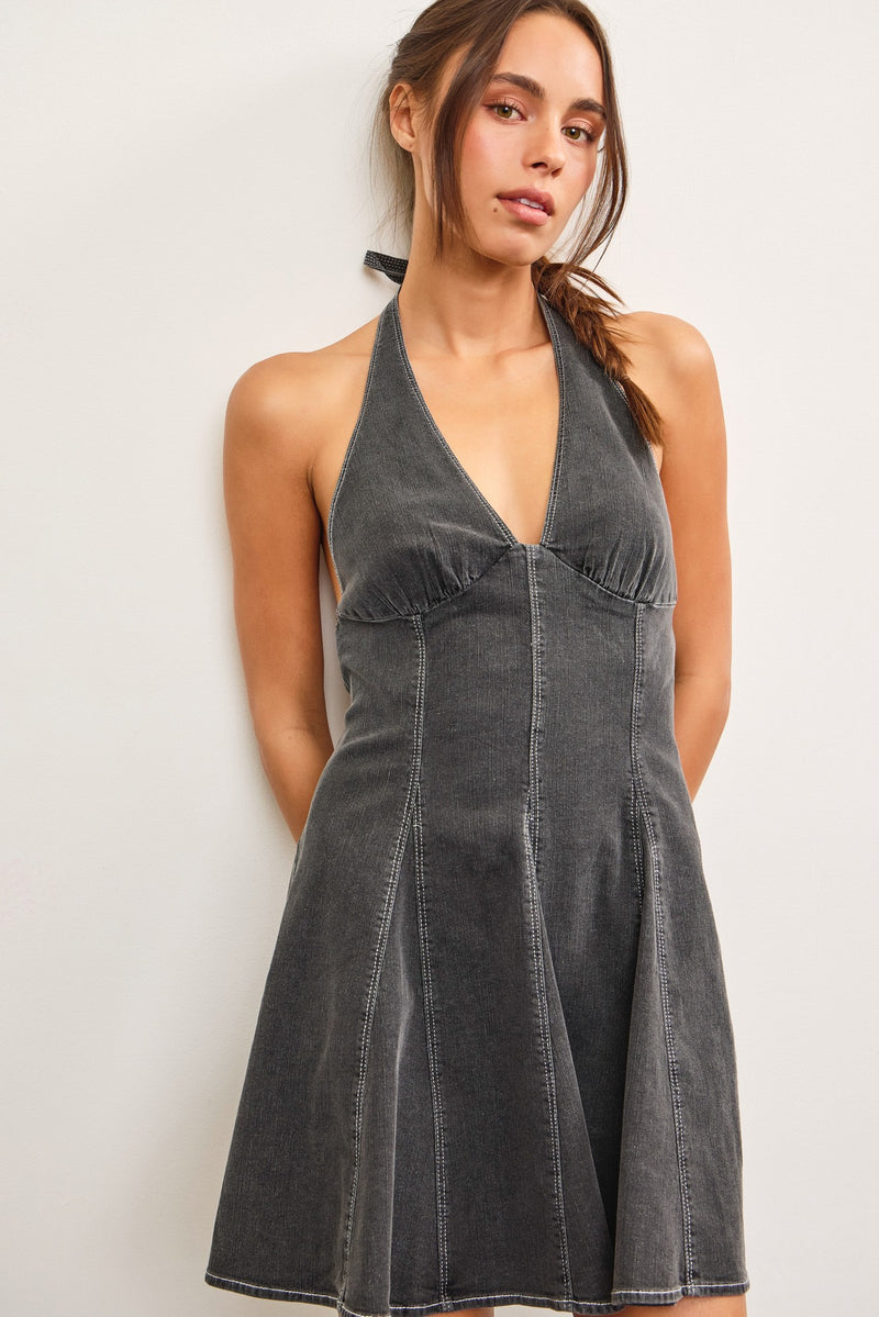 Day-Trip Darling Halter Denim Mini Dress - Black