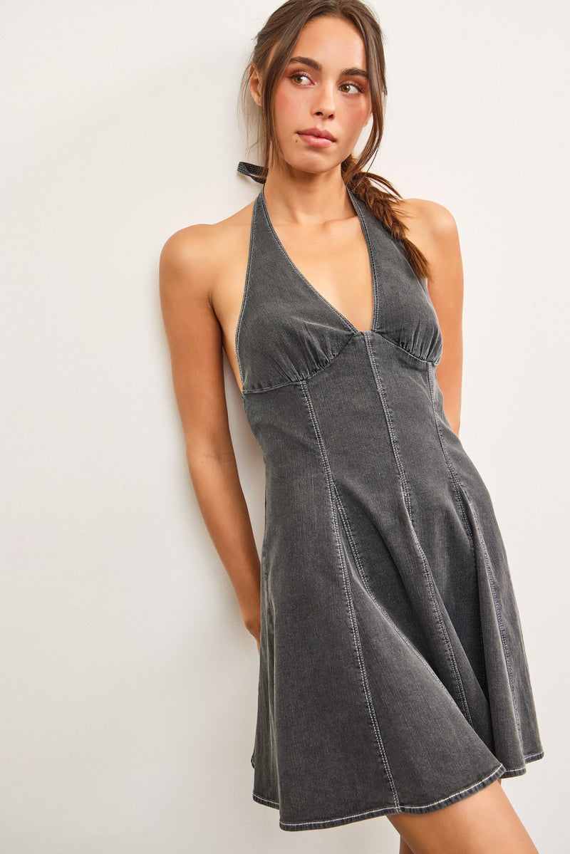 Day-Trip Darling Halter Denim Mini Dress - Black