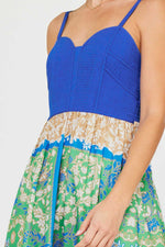 Saltwater Bloom Quilted Bodice Floral Dress- Cobalt/ Multi