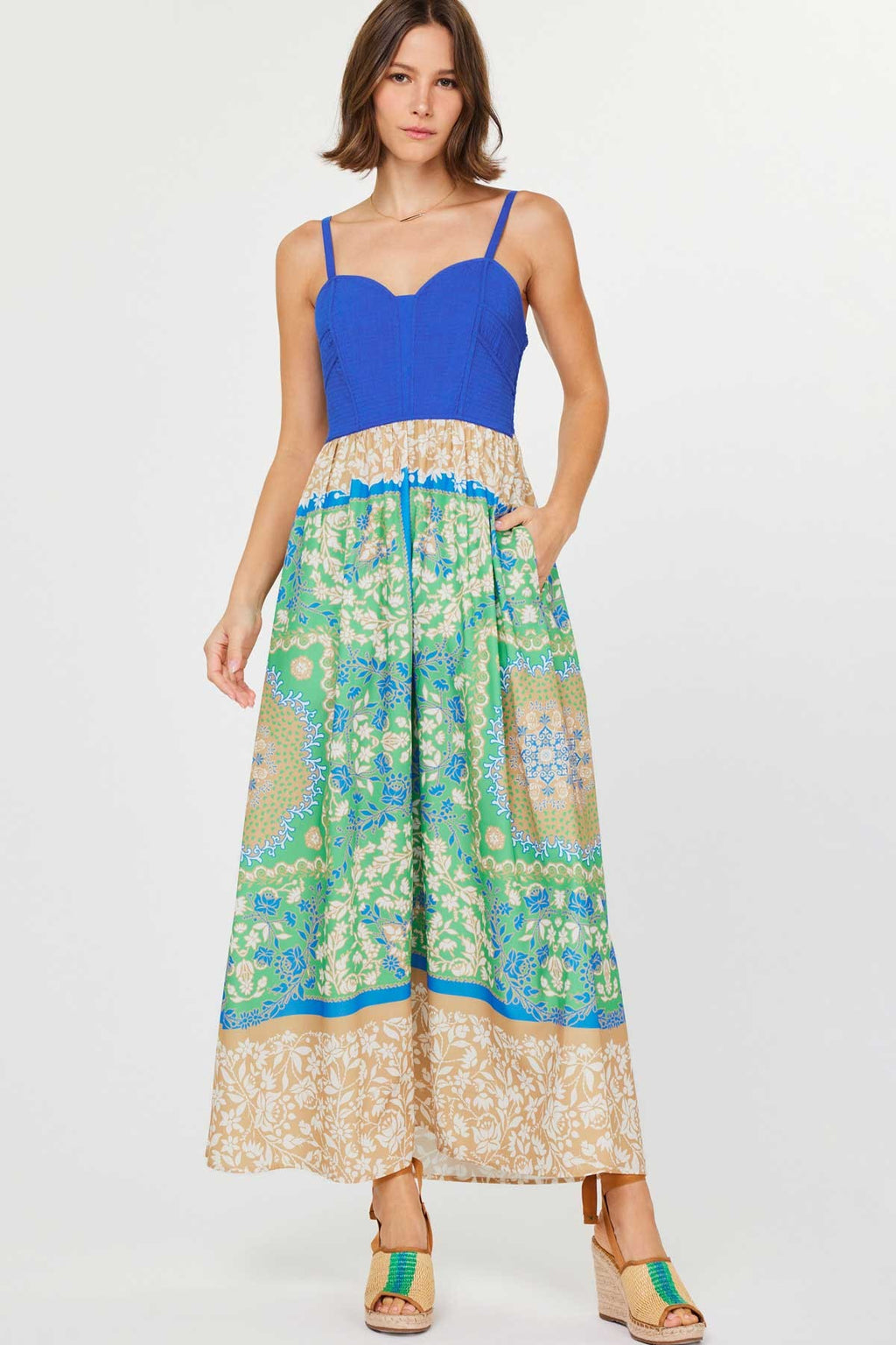 Saltwater Bloom Quilted Bodice Floral Dress- Cobalt/ Multi