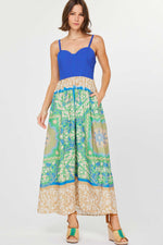 Saltwater Bloom Quilted Bodice Floral Dress- Cobalt/ Multi