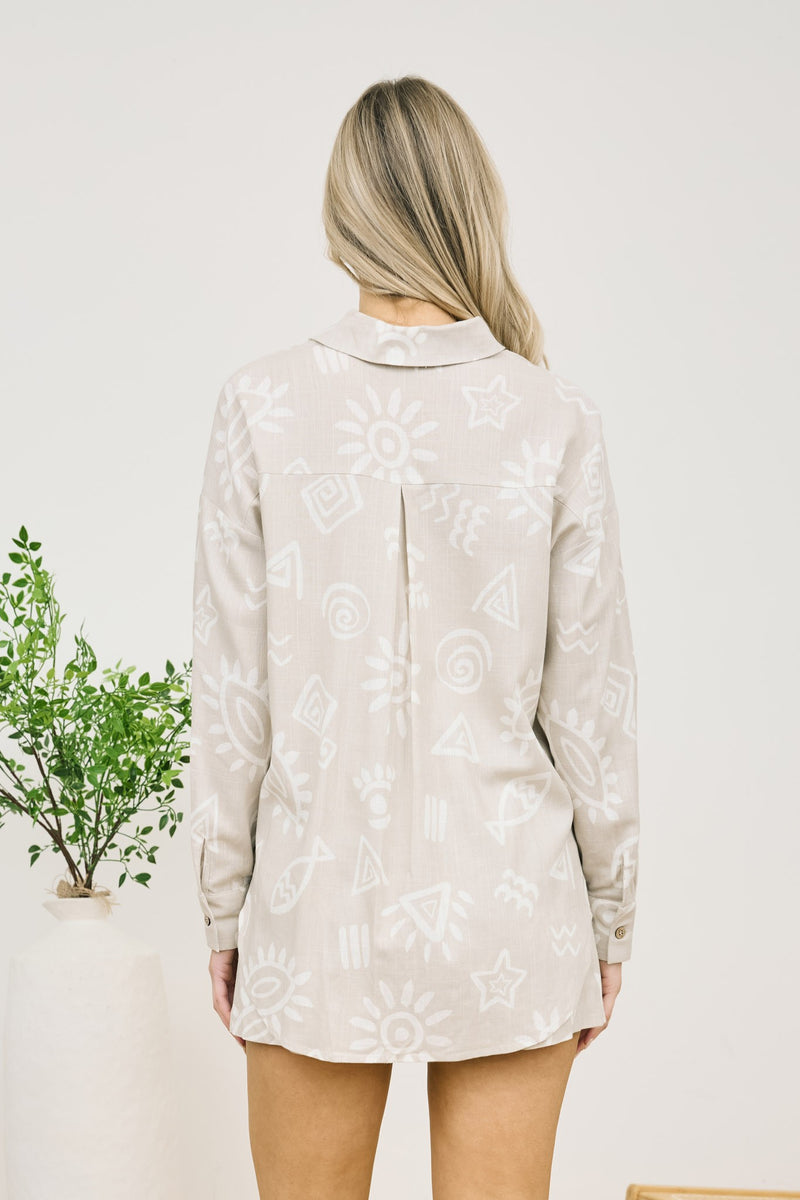 Sundial Sketch Printed Collared Button Up - Taupe
