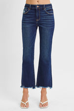 Risen Denim Cropped Straight Leg Distressed Hem Jeans- Dark Wash