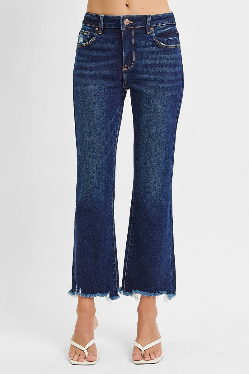 Risen Denim Cropped Straight Leg Distressed Hem Jeans- Dark Wash