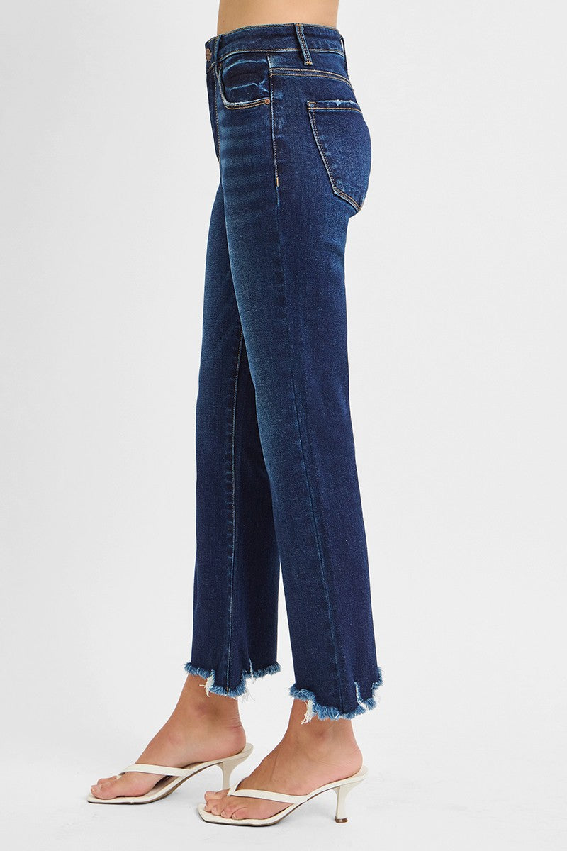 Risen Denim Cropped Straight Leg Distressed Hem Jeans- Dark Wash