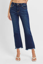 Risen Denim Cropped Straight Leg Distressed Hem Jeans- Dark Wash