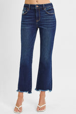 Risen Denim Cropped Straight Leg Distressed Hem Jeans- Dark Wash